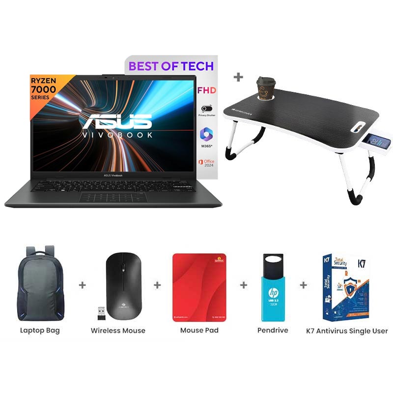 Picture of Asus Vivobook Go 14 - AMD Ryzen 5 7520U 14" (35.56 cm) E1404FA-NK5542WS Thin and Light Laptop (16GB/ 512GB/ Full HD Display/ AMD Radeon Graphics/ Windows 11 Home/ MS Office/ 1Year Warranty/ Mixed Black/ 1.38 kg) with Laptop Table + Laptop Bag + Wireless Mouse + Mouse Pad + Pendrive + K7 Antivirus Single User